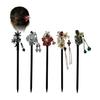 Wooden Kanzashi Hair Sticks Set of 5, Traditional Japanese Hair Ornaments with Dangling Beads, Single Prong, Floral Motif, PITAPURO