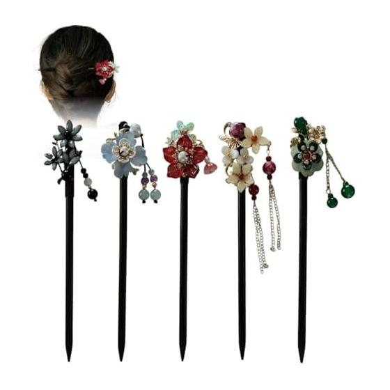 Wooden Kanzashi Hair Sticks Set of 5, Hair Ornaments for Yukata and Coming-of-Age Ceremony, with Dangling Beads, Single-Pronged, Traditional Japanese