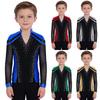 Traje de Performance de Palco para Meninos: Top Metálico com Gola V, Manga Longa, Blocos de Cor, Strass e Barra Dividida para Patinação