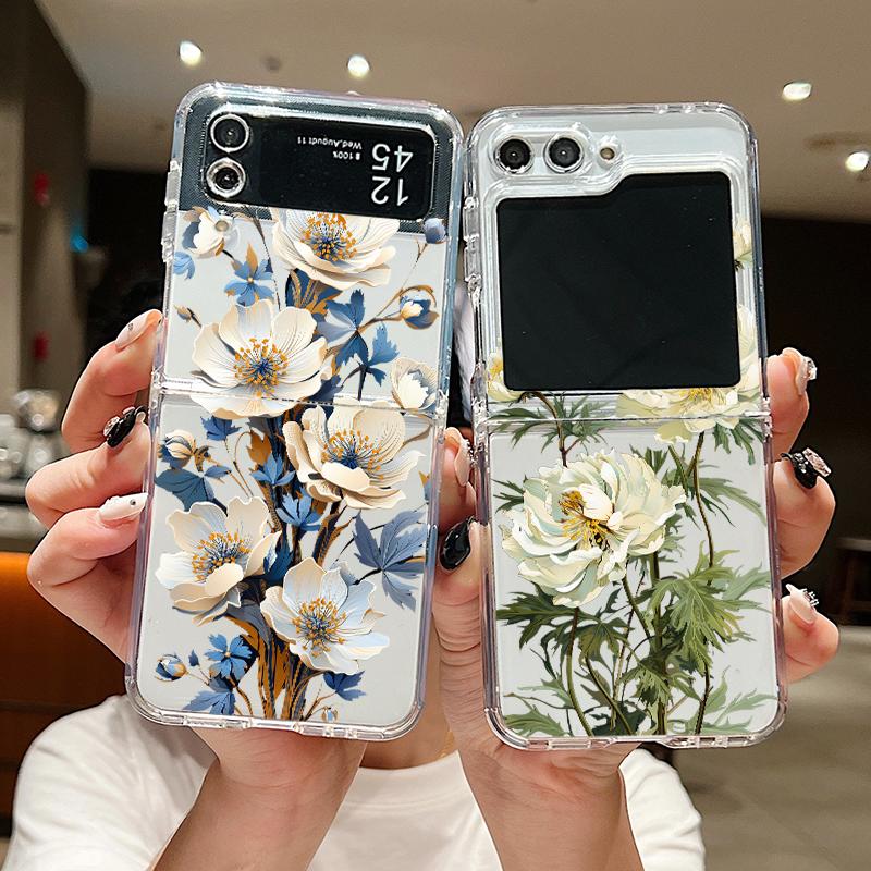 

Роскошный складной чехол с цветочным принтом для Samsung Galaxy Z Flip6 Flip5 Flip4 Flip3, прозрачный противоударный тонкий мягкий чехол из ТПУ с цветочным принтом, 2 шт. Samsung Z Flip6 красный
