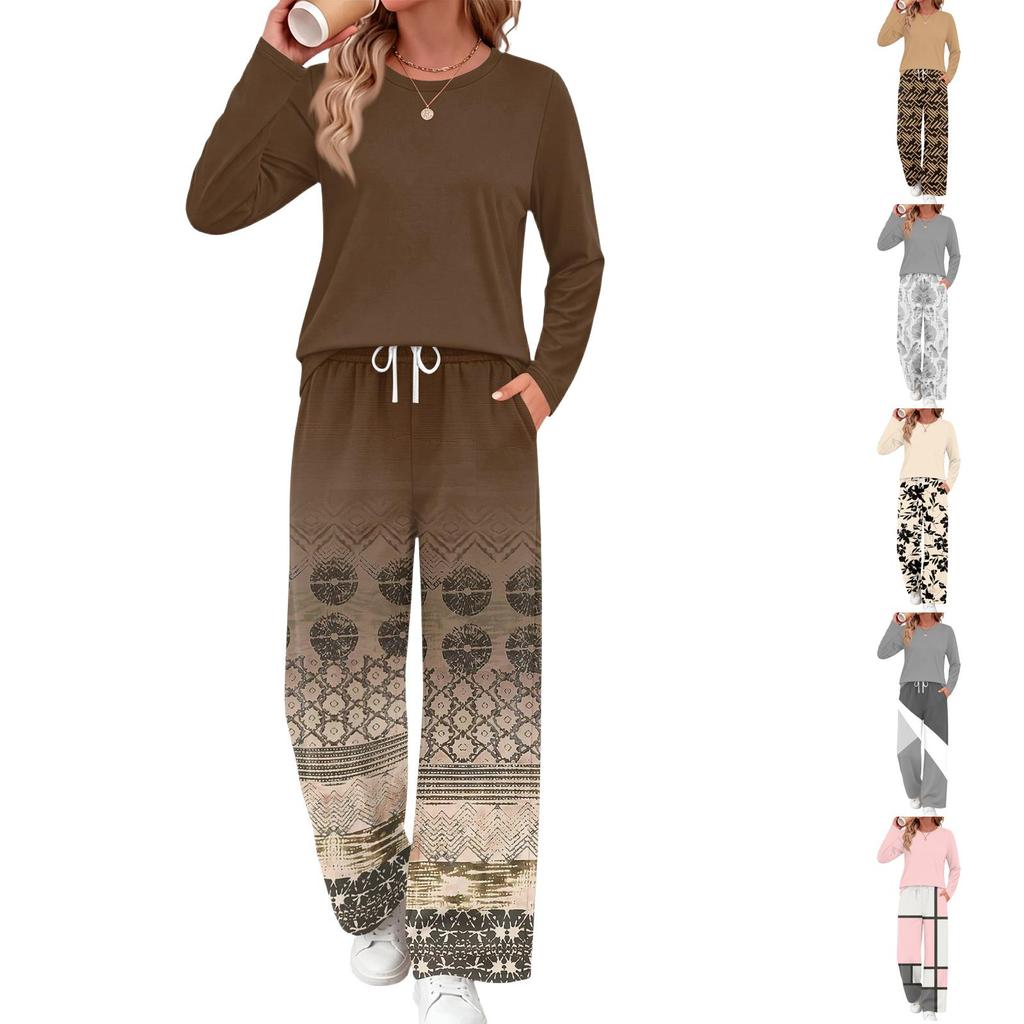 Women's Casual Printed Long Sleeve Round Neck Loose Fit Pajama Set with Pockets for Home Wear