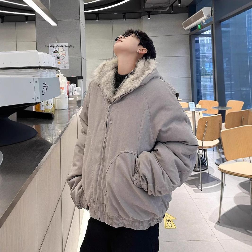 Men s Winter White-Gray Hooded Cotton Jacket with Fur Collar XXL