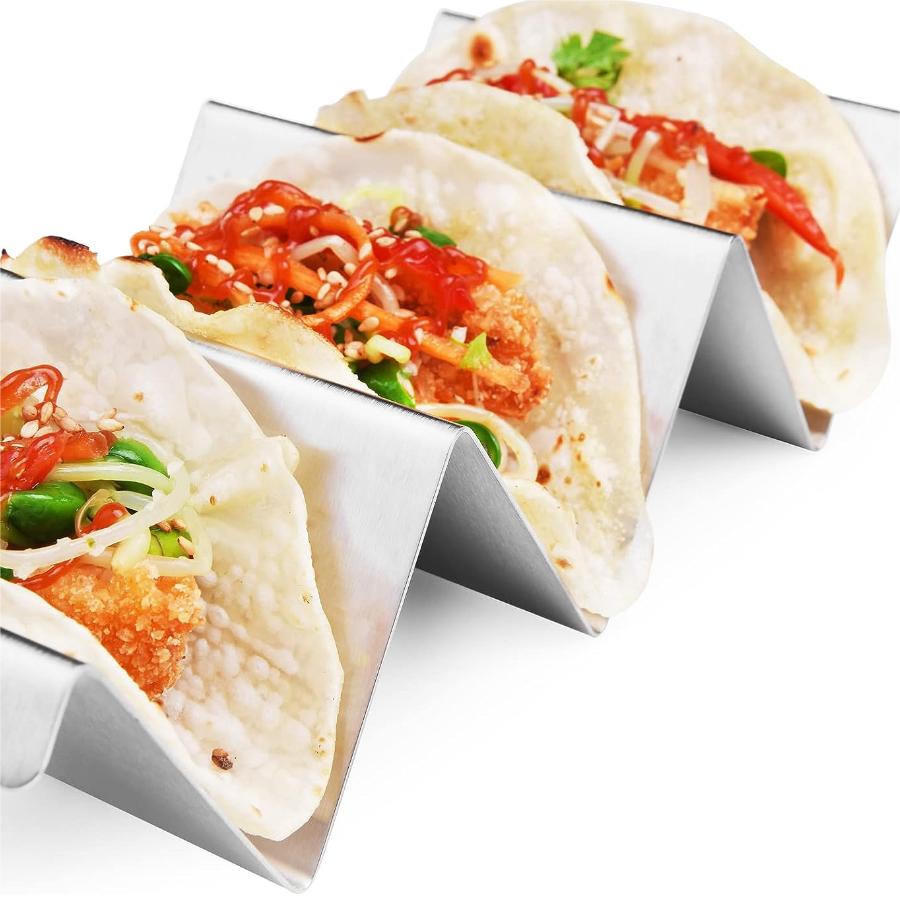 Taco Holders 4 Packs - Stainless Steel Taco Stand Rack Tray Style, Oven Safe for Baking, Dishwasher and Grill Safe