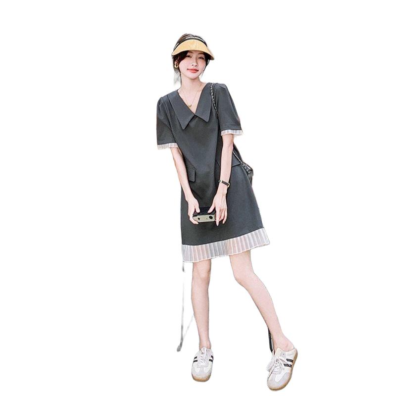 Women s Fashion Patchwork V-Neck Dress | Short-Sleeve Casual Loose Solid Color Dress S серый