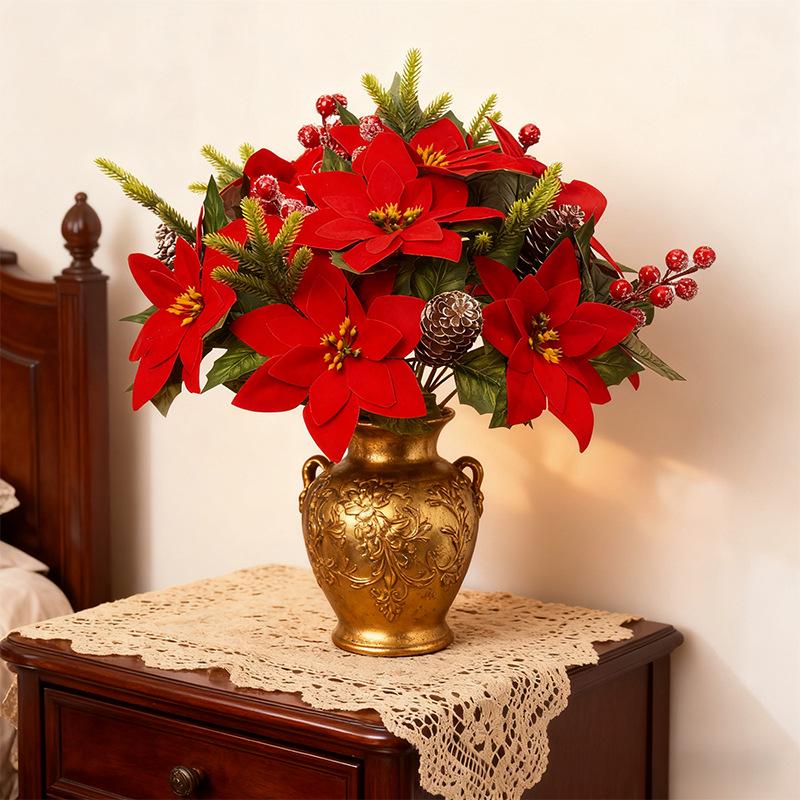 Artificial Christmas Bouquet with Pine Cones, Poinsettias, and Pine Needles for Home Decoration