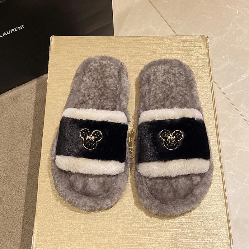 Fashion Fluffy Women's Slippers Home Cartoon Luxury Designer Winter Woman Shoes Flat Elegant Plush Indoor Footwear Fuzzy Fur Slides New