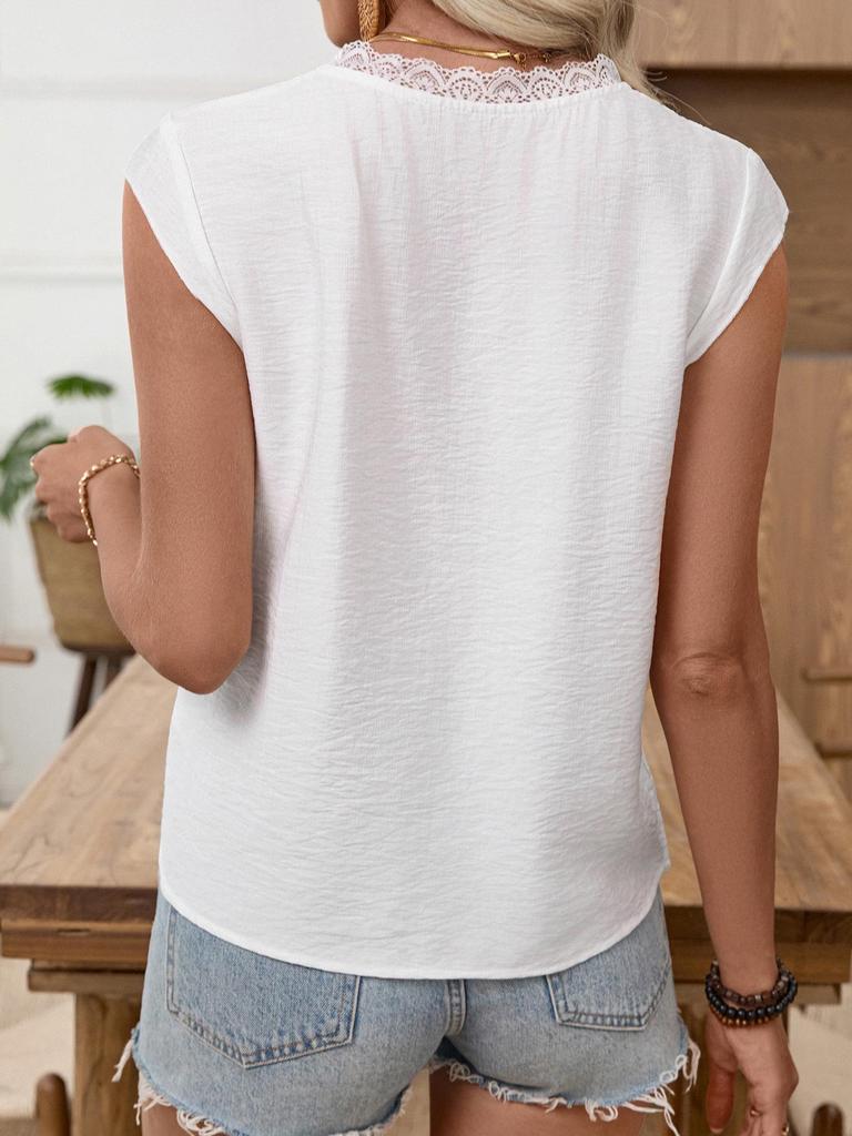 2026 Spring/Summer Women's V-Neck Lace Patchwork Shirt in Solid Color