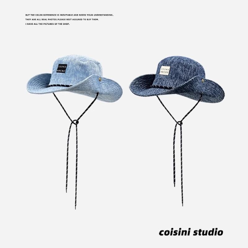 Zealous Sole Women's Dark Blue Vintage Large Brim Western Cowboy Caps For Men And Summer Outdoor Leisure Sun Protection Versatile Straps Bucket Hat 56-58Cm