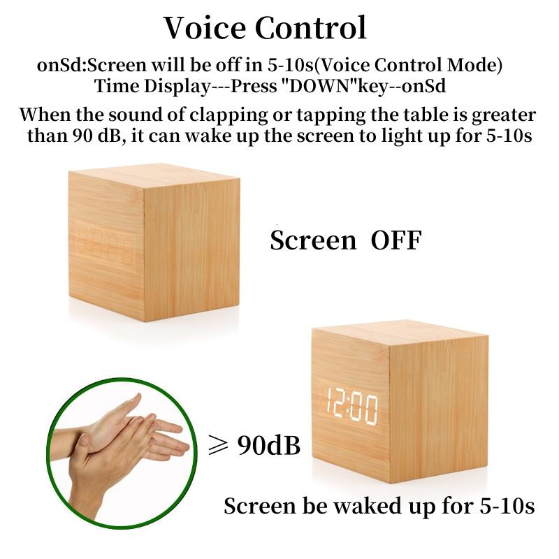 Voice Control Wooden Digital Alarm Clock TEMP Date 3 Alarms Desktop Electronic Table Clock 12/24H USB Powered LED Bedside Clock