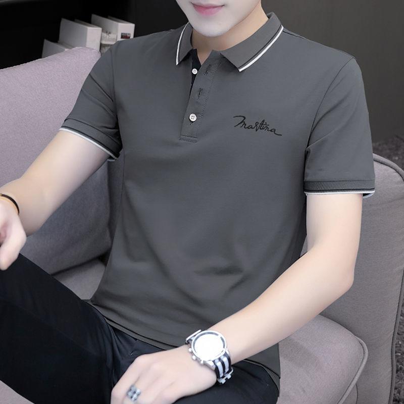 

Трендовая брендовая футболка с коротким рукавом, мужская, с лацканами, из чистого хлопка, универсальная, в стиле business casual 4XL темно-серого