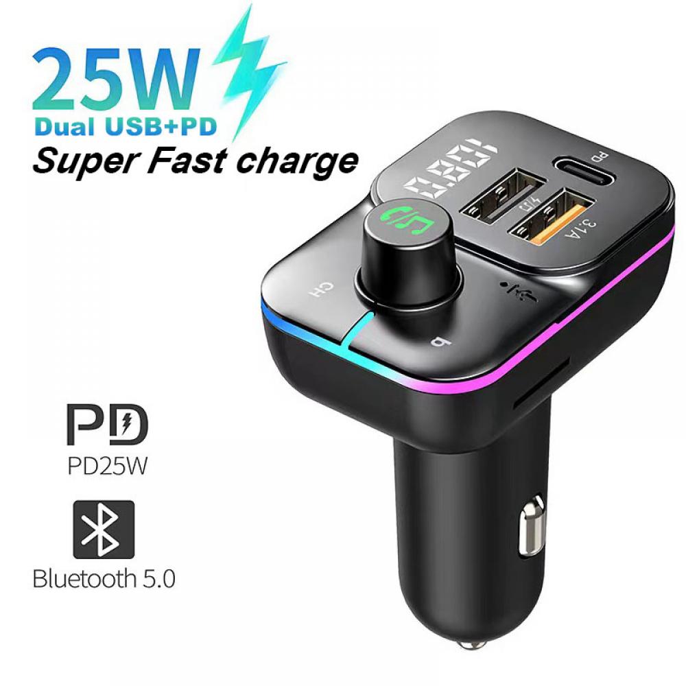 Car Fast Charge Bluetooth 5.0 FM Transmitter Dual USB Type C Player Music Handsfree with Color Aperture For IPhone Huawei Xiaomi