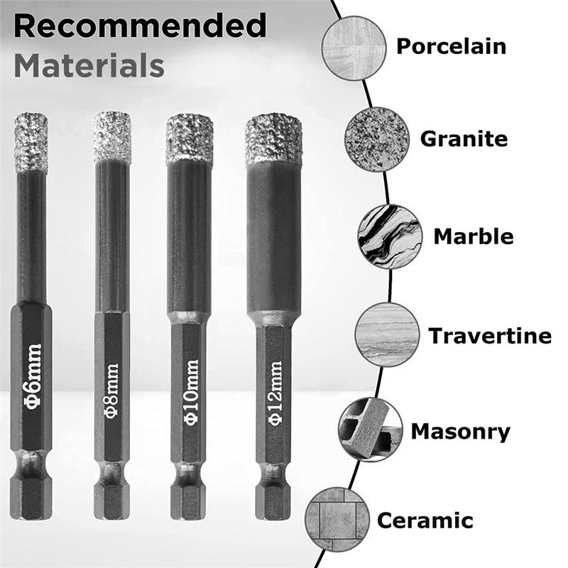 ABGR-Dry Diamond Drill Bits Metal Drill Bits Black Drill Bits 4Pcs - (6Mm), (8Mm), (10Mm), (12Mm) - Hex Shank - Tile Drill Bits