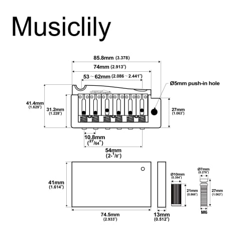 Wilkinson WVP-SB 10.8mm Two-Piece Tremolo Bridge Unit with Stainless Steel Saddles and Full Steel Block for Imported/Japanese Strat Guitars, Chrome