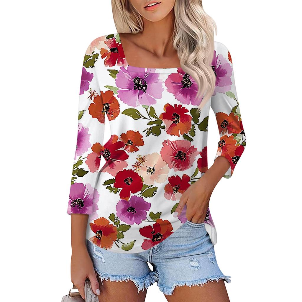 Women's T Shirt Tee Print 3/4 Sleeve Daily Weekend Fashion Basic Square Neck  Regular Top