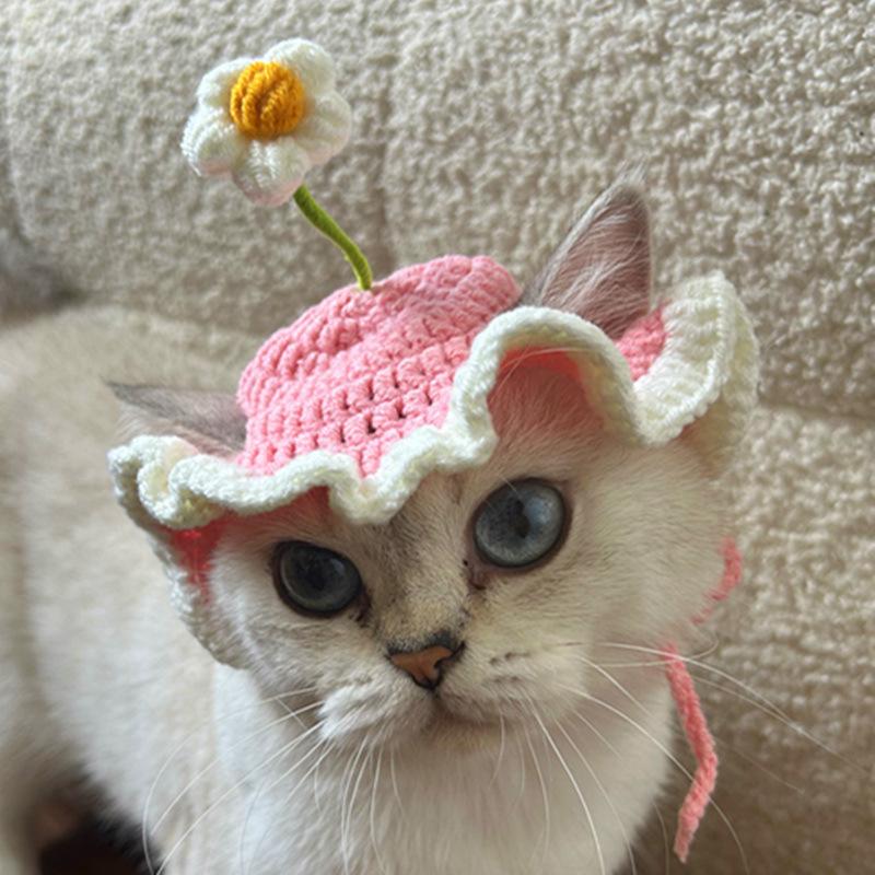 Cute Adjustable Cat Hat Elastic Pet Hat for Cats Small Dogs Kitten Headwear with Small Flowers Party Photo Decoration
