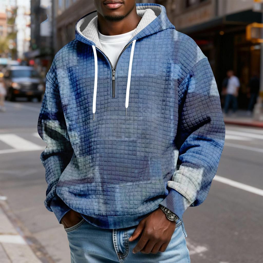 Men's Half-Zip Hooded Plaid Pullover Drawstring Print Casual Sports Sweatshirt