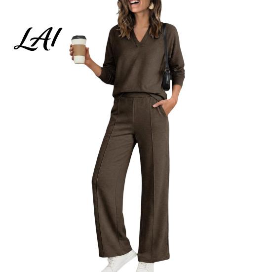 Pullover Sweatpants Set Women Sweatshirt Pants 2-Piece Set V-Neck Long Sleeve Top & Wide Lounge Sets Leg Trousers with Elastic Waist Solid