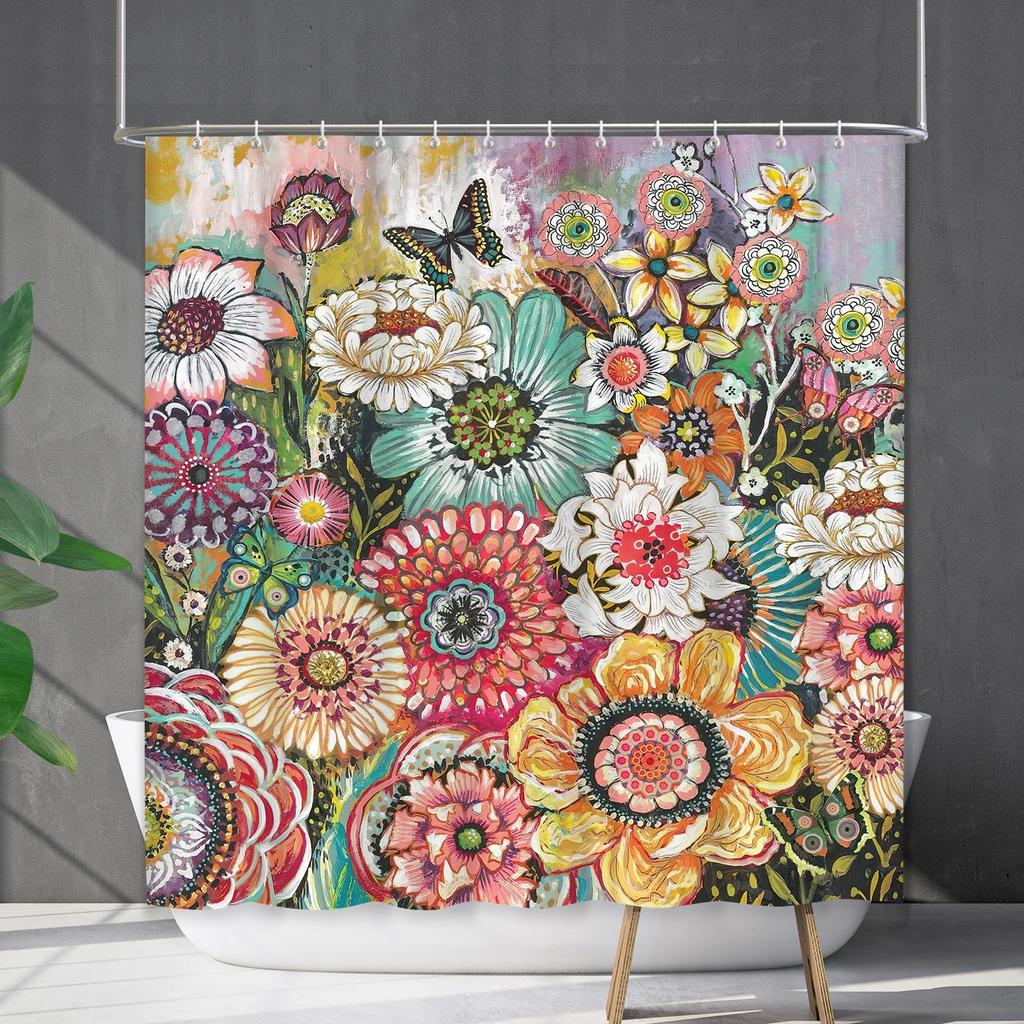 Shower Curtain Waterproof And Mildew-Proof 3D Digital Printing Plant Flower Plant Shower Curtain Bathroom Partition