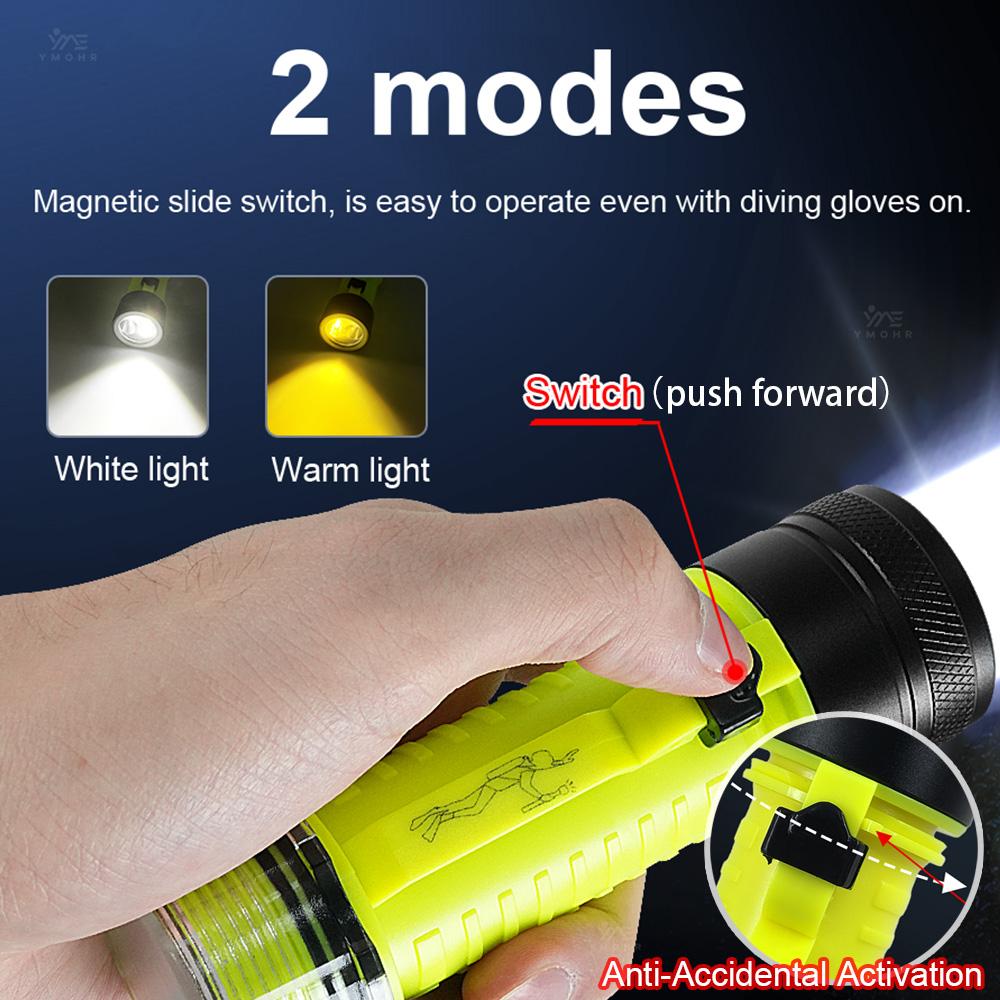 Dual Light XHP70 Dive Torch IPX8 Waterproof Professional Diving Flashlight 18650 Magnetic Slide Switch Rechargeable Scuba Lamp
