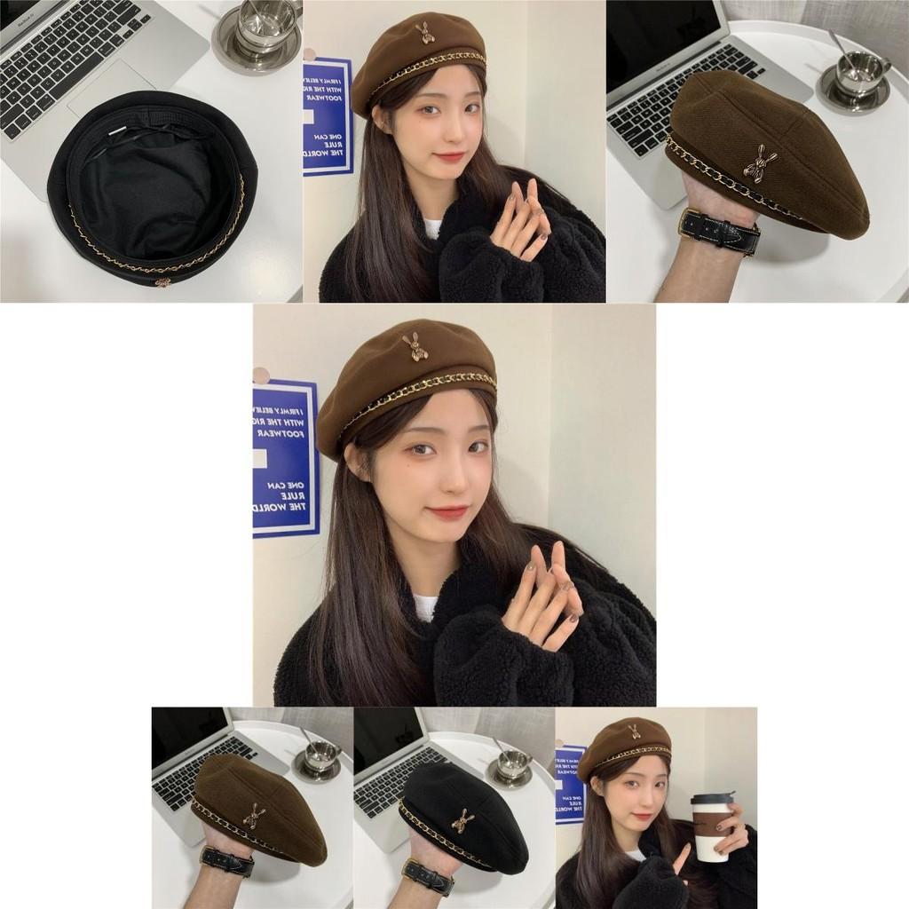 Cute Sweet Beret For Women In Chestnut Brown Or Black With Metal Chain Accent