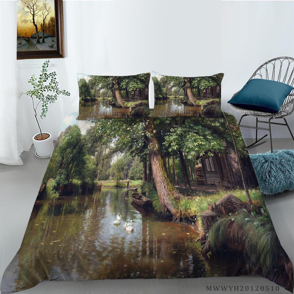 3D Groene Waterval Olieverf Afdrukken Beddengoed Set Dekbedovertrek Met Kussenslopen Twin Koningin Koning Maten 2/3Pcs