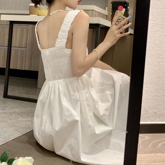 Čtvercový výstřih Bez rukávů Jednobarevné Zúžené v pase Letní šaty Sladké Elastický ramenní popruh Rozšířený velký lem Šaty na ramínka Streetwear