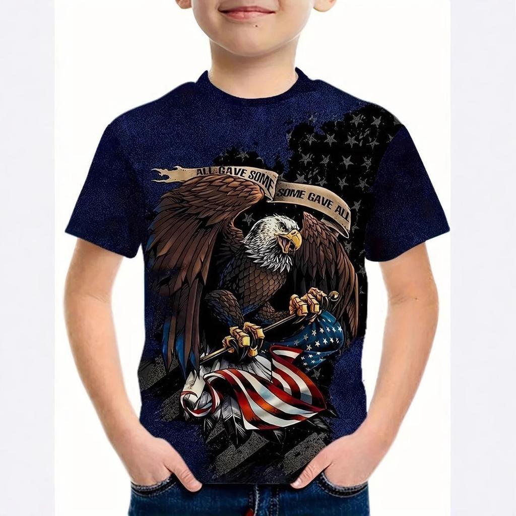 Kinder T-Shirts Sommer Rundhals 3D Adler Muster Bedrucktes Oberteil Modische und lässige Kurzarm T-Shirts für Kinder und Jungen