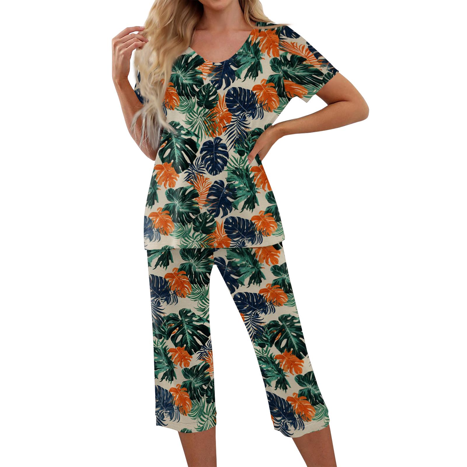 

Women s Two Piece Set Hawaiian Print Short Sleeve Top and Capri Pants Casual Sportswear Lightweight Breathable Summer Outfit XL жовтий