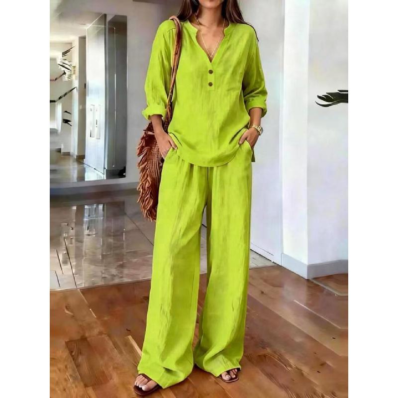 2026 New Women's Suit V-neck Long Sleeve Long Pants Solid Color Loose Casual Two-piece Set