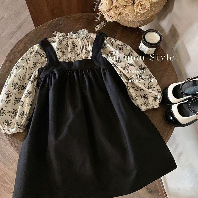 2024 Autumn Korean Mori Style Girls' Floral Shirt & Suspender Skirt Set