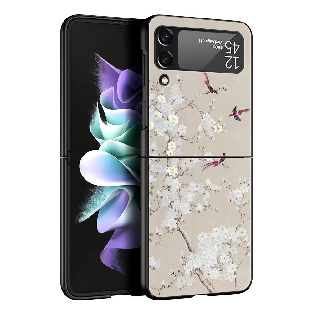 Flower Phone Case For Samsung Galaxy Z Flip3 Flip4 Flip5 PC Bumper Shell For Z Flip 3 4 5 Black Hard Folding Back Cover