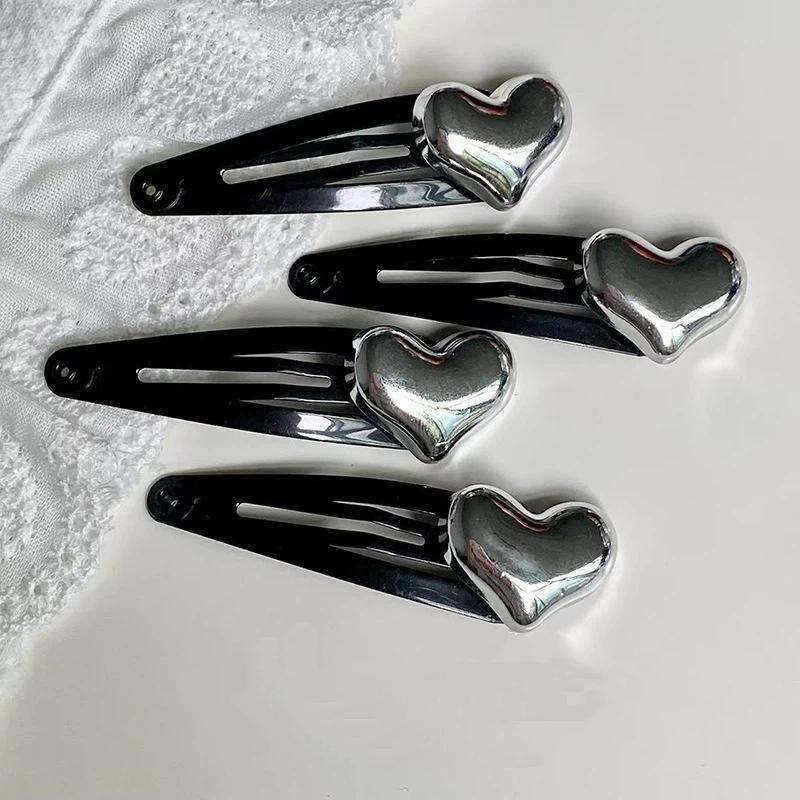 Cute Silver Heart Black Hair Barrettes 2/4Pcs Fashion Hair Pins for Women Sweet Side Hair Styling Accessories