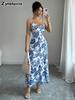 French Vintage Blue and White Porcelain Style Strapless Dress for Women Summer Slim Fit Long Beach Cover-Up Maxi Skirt