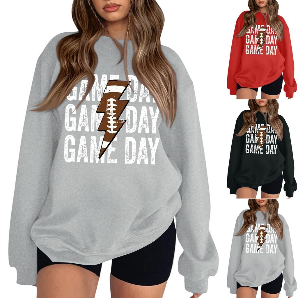 Women's Fashion Round Neck Long Sleeve Colorful Ligtning Rugby Letter Sweatshirt