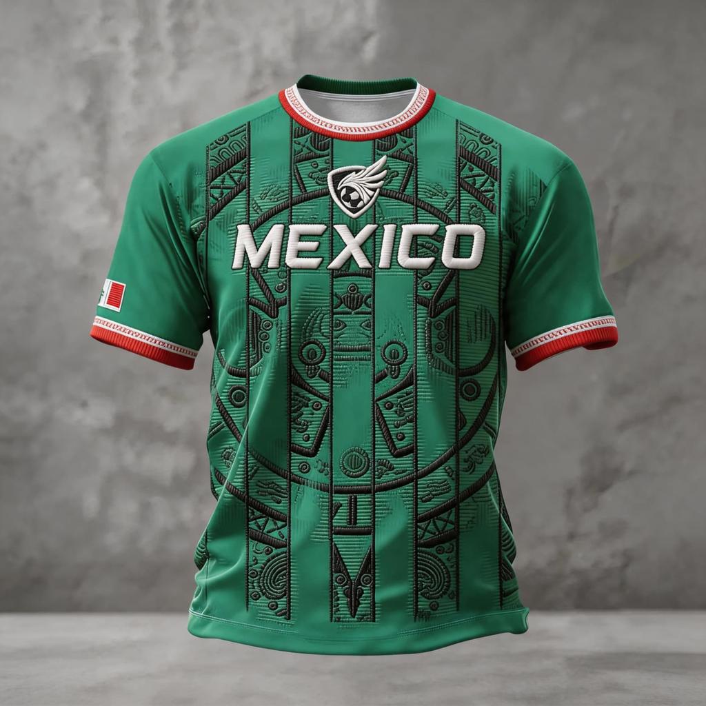 Men's National Team Support T Shirt Mexico Soccer Fan Jersey Short Sleeve Casual Football Top with Printed Design and Flag Patch