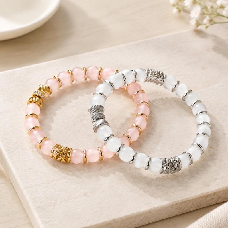 Natural Stone Stretch Bracelet Set, 2 Round Bead Bracelets with Mixed-Tone Spacers for Stacked or Separate Wear