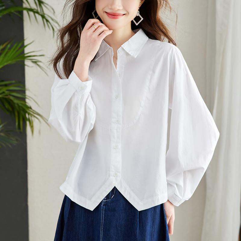 White Shirt for Women's New Spring Cotton Long-sleeved Shirt for Women Commuting Chic Hem Triangle Top