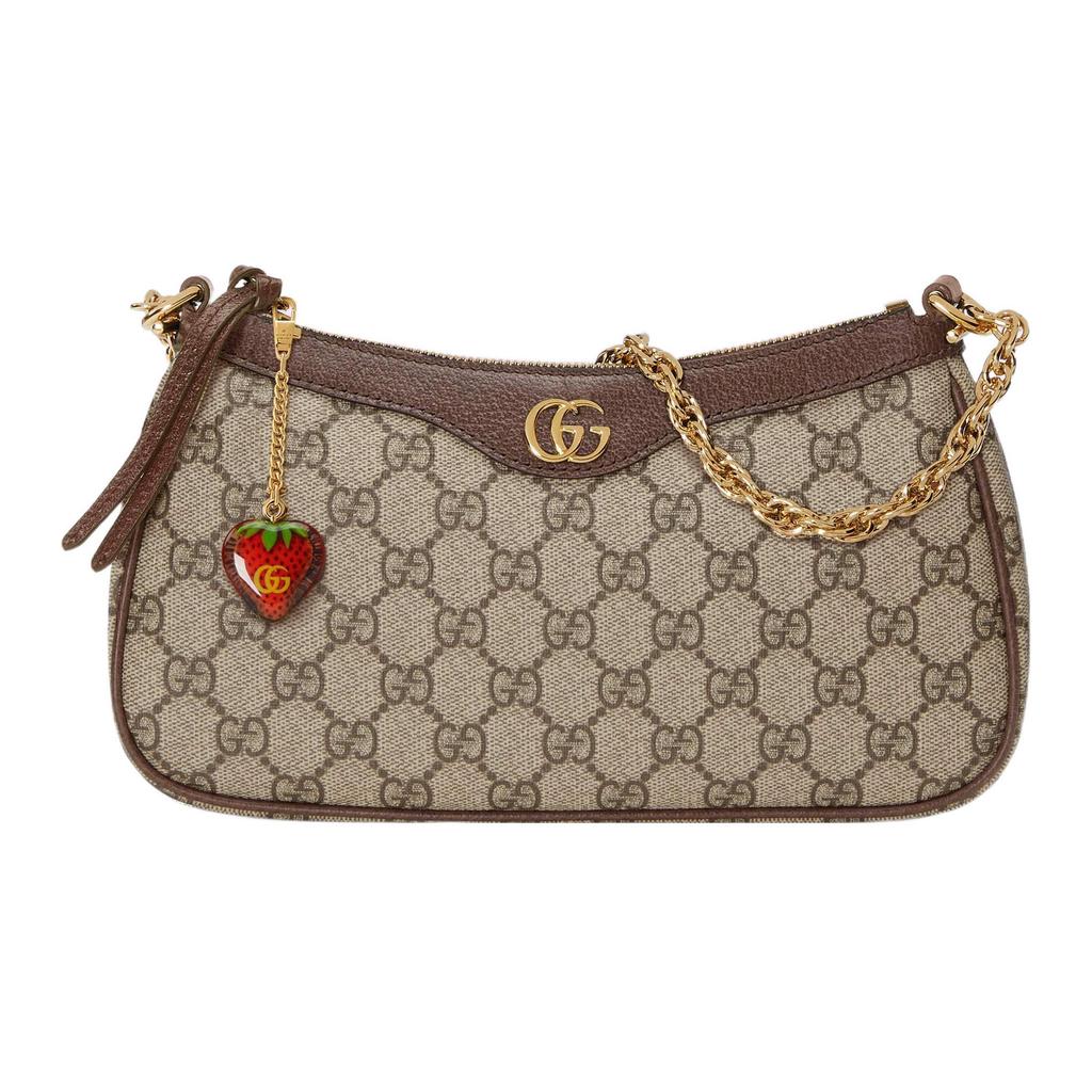Gucci Borsa a Spalla GG Marmont in Tela con Ciondolo Fragola, Beige Marrone Pelle, Striscia Web, per lo Shopping Quotidiano 735132-FABLE-9442