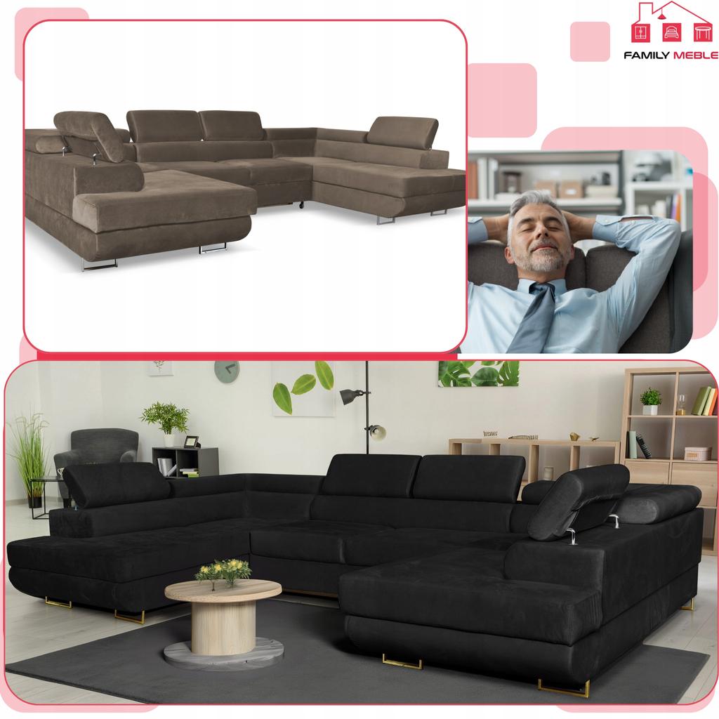 Narożnik kształt U rozkładany f. spania Bosso Family meble brązowy welur