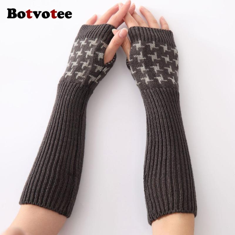 Botvotee Sleeves for Women Y2k Accessories Fingerless Gloves Arm Warmers Knit Winter Warm Houndstooth Long Hands Free Gloves