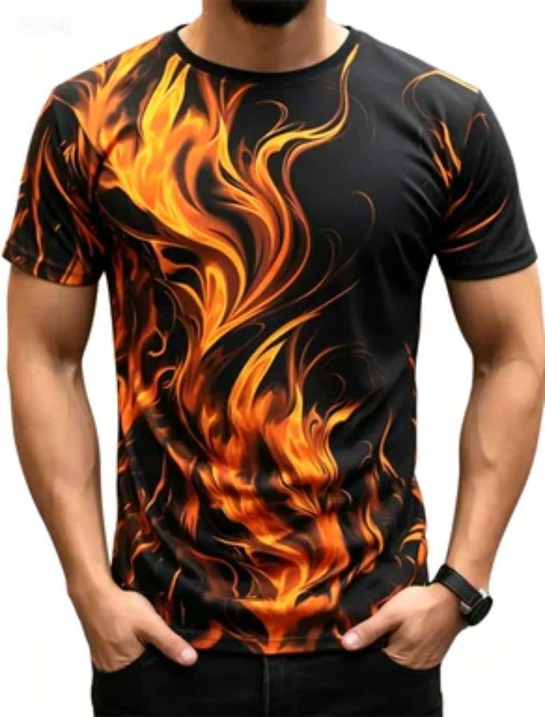 Fashionable Men's Trendy Short Sleeved Flame Series 3D Printed Street T-shirt Round Neck Casual Top