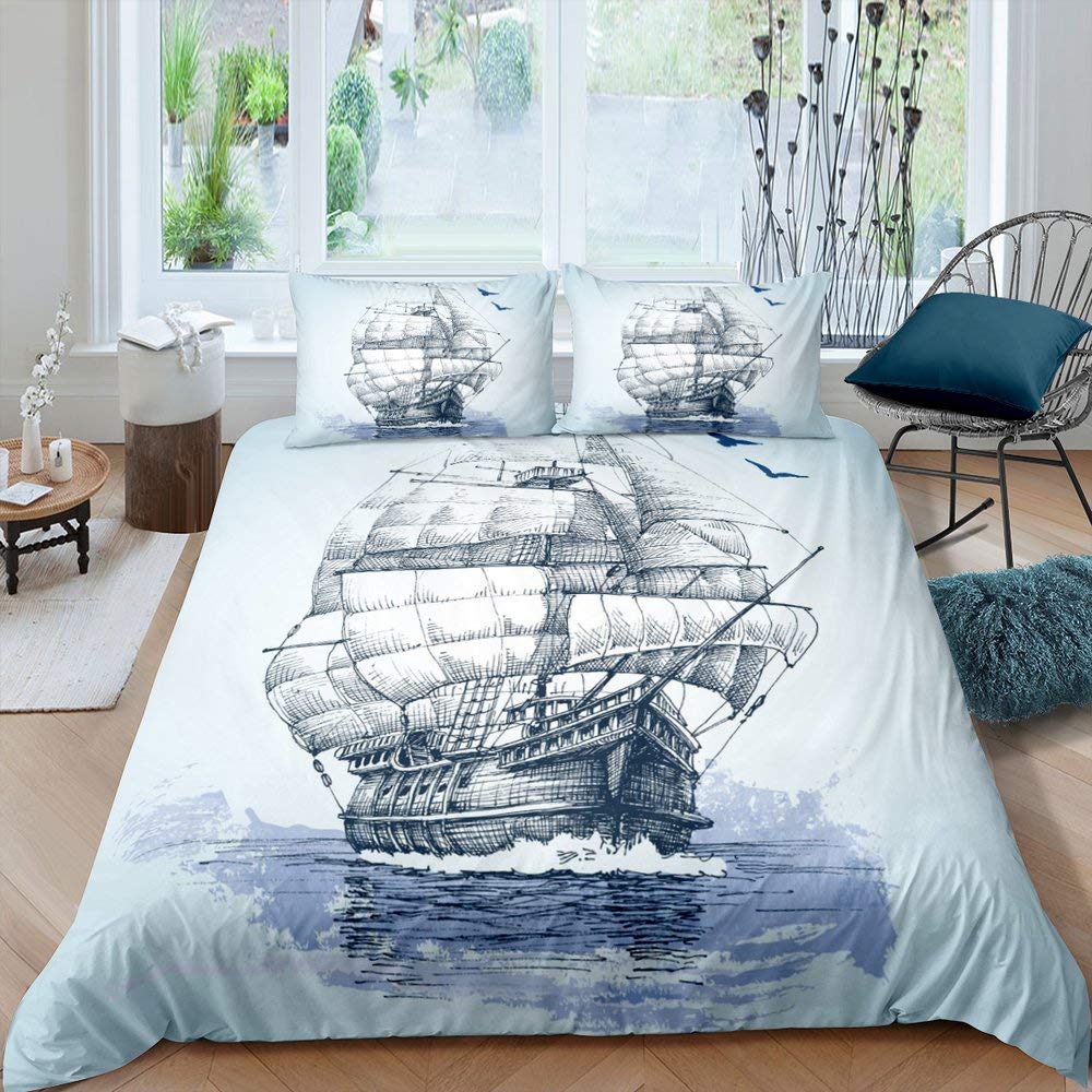 Sailing Boat Duvet Cover,Romantic City Sunset View Bedding Set,Colorful Boat Comforter Cover Valentine's Day Theme Quilt Cover