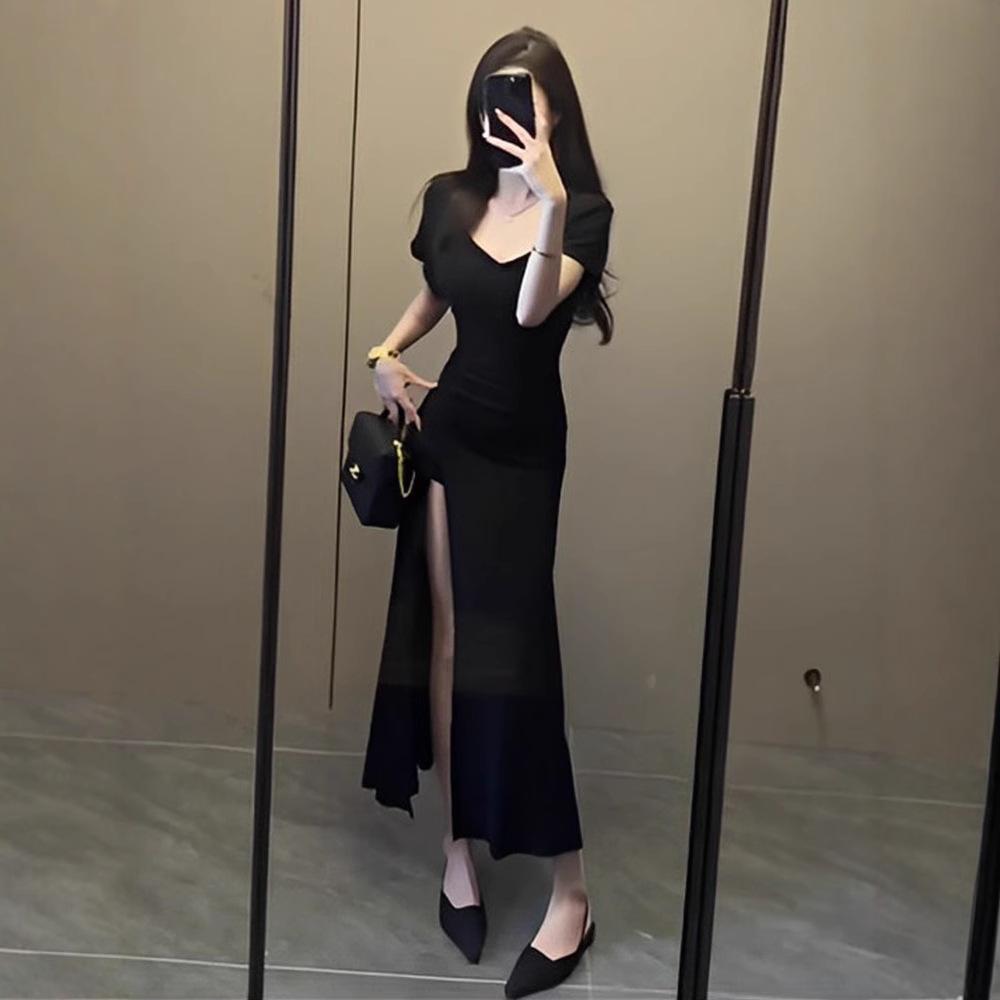2025 Temperamental French Style Slimming Summer Slit Dress - Women's Sexy Short Sleeve Design