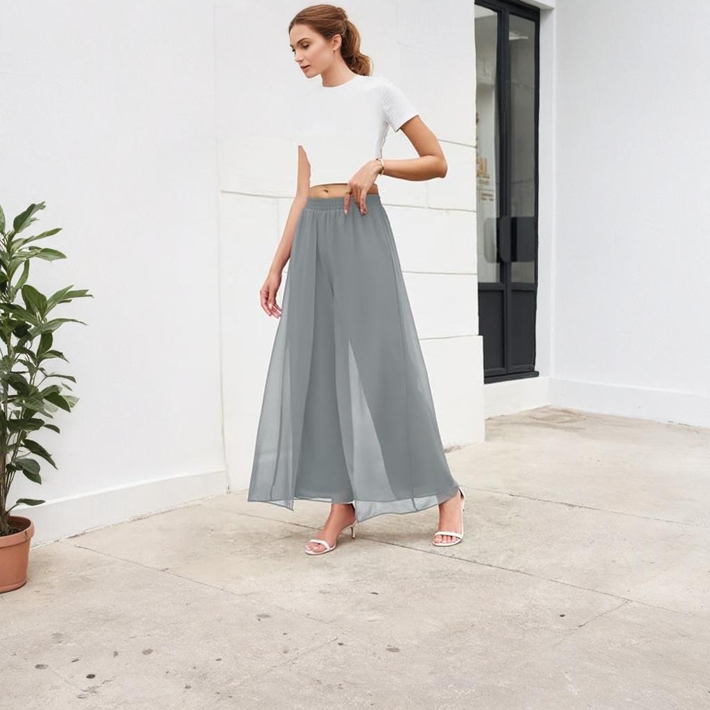 Women's Wide Leg Dress Pant Elegant Party Elastic Waist Trouser With Pockets