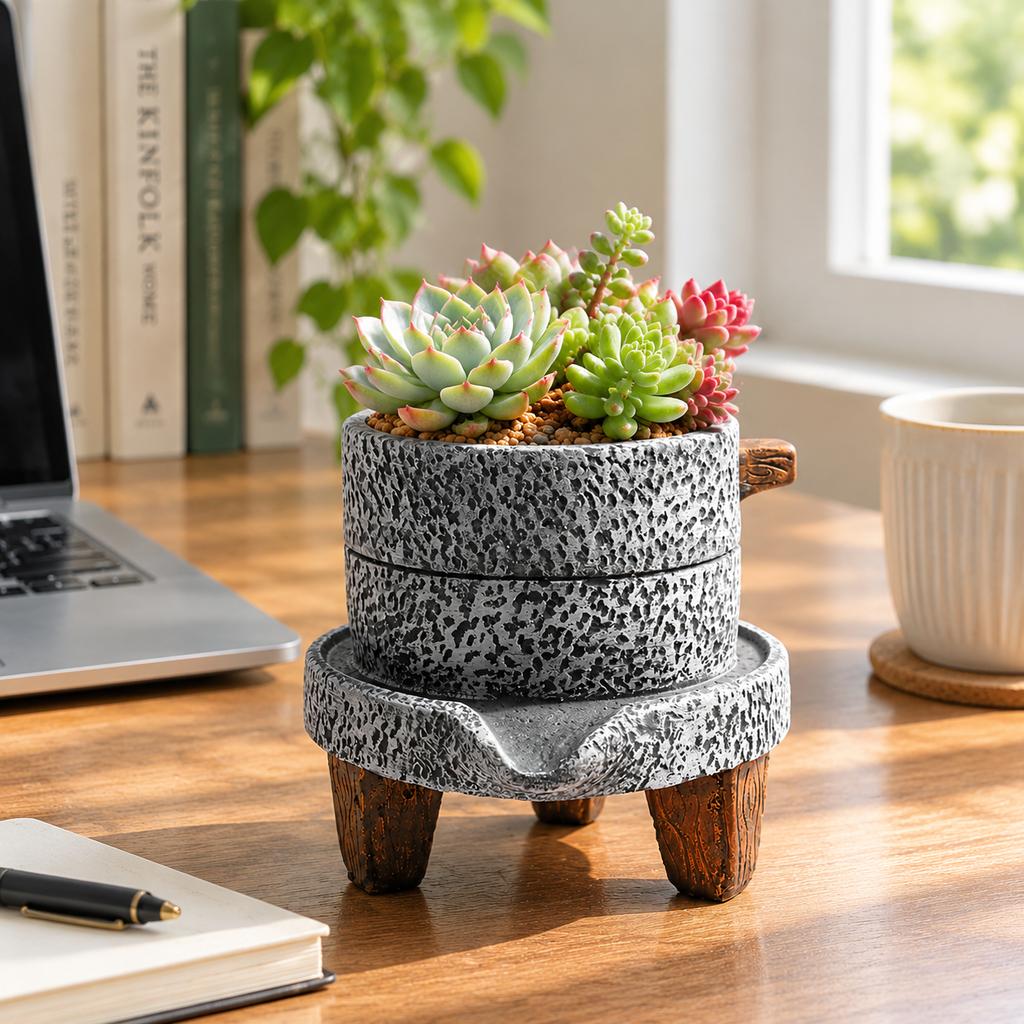 Retro European Style Cement Stone Mill Planter for Succulents and Home Decor