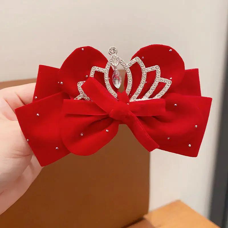 Girls' Bun Hairstyle Red Bow Hair Clip – Princess Headwear Accessory for Women & Children