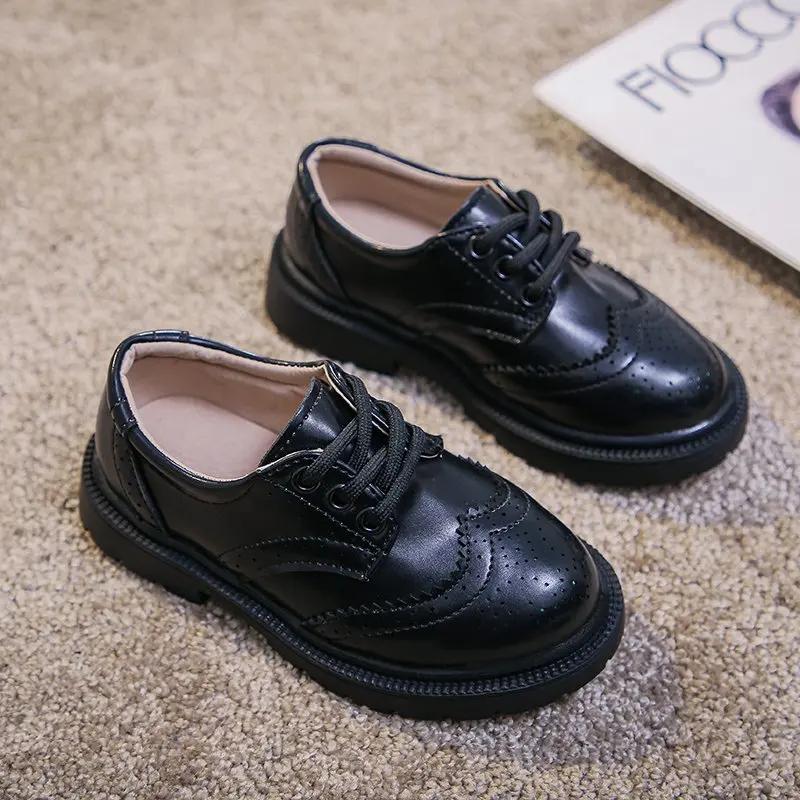 Boys Leather Shoes Kids Casual Flats for Girls School Black Shoes Lace-up Formal Oxfords British Style Fashion Classic Sneakers