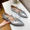 Fashion Double Bowtie Silver Ballerinas Shoes Ladies Pointed Toe Flats Office Dress Shoes Female Shallow Loafers T-Strap Ballets Women