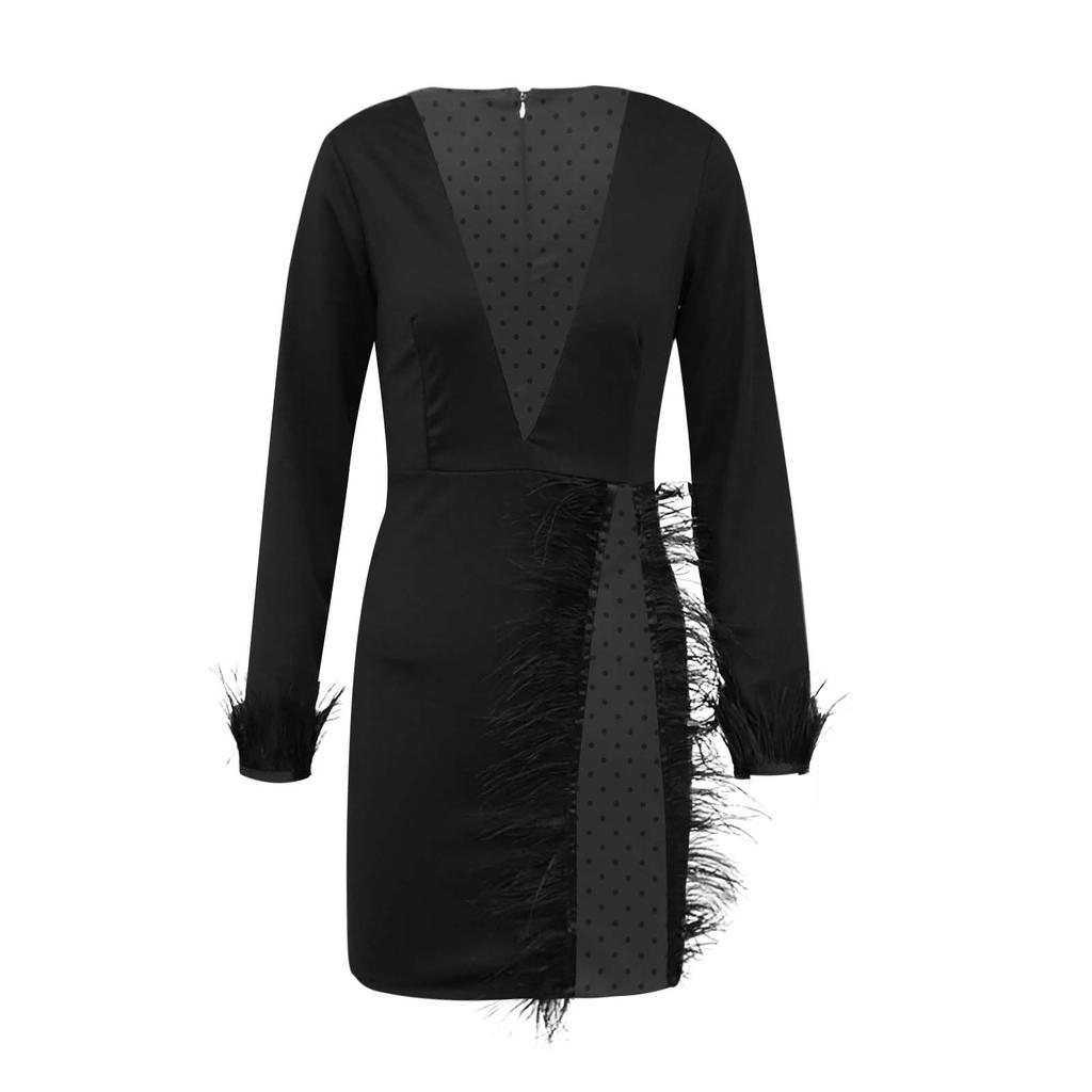 Women V-Neck Long Sleeve Solid Color Sexy Mesh Feather Casual Dress