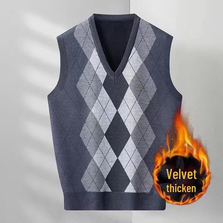 Herre høst/vinter pluss fløyels V-hals Diamond Jacquard genservest